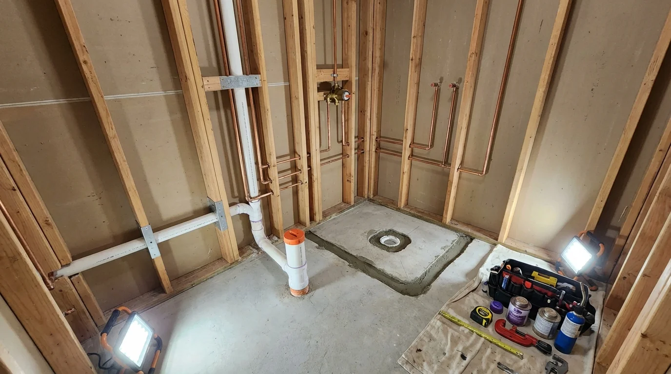 Bathroom rough-in plumbing during remodel by Johns Plumbing LLC in Hilliard