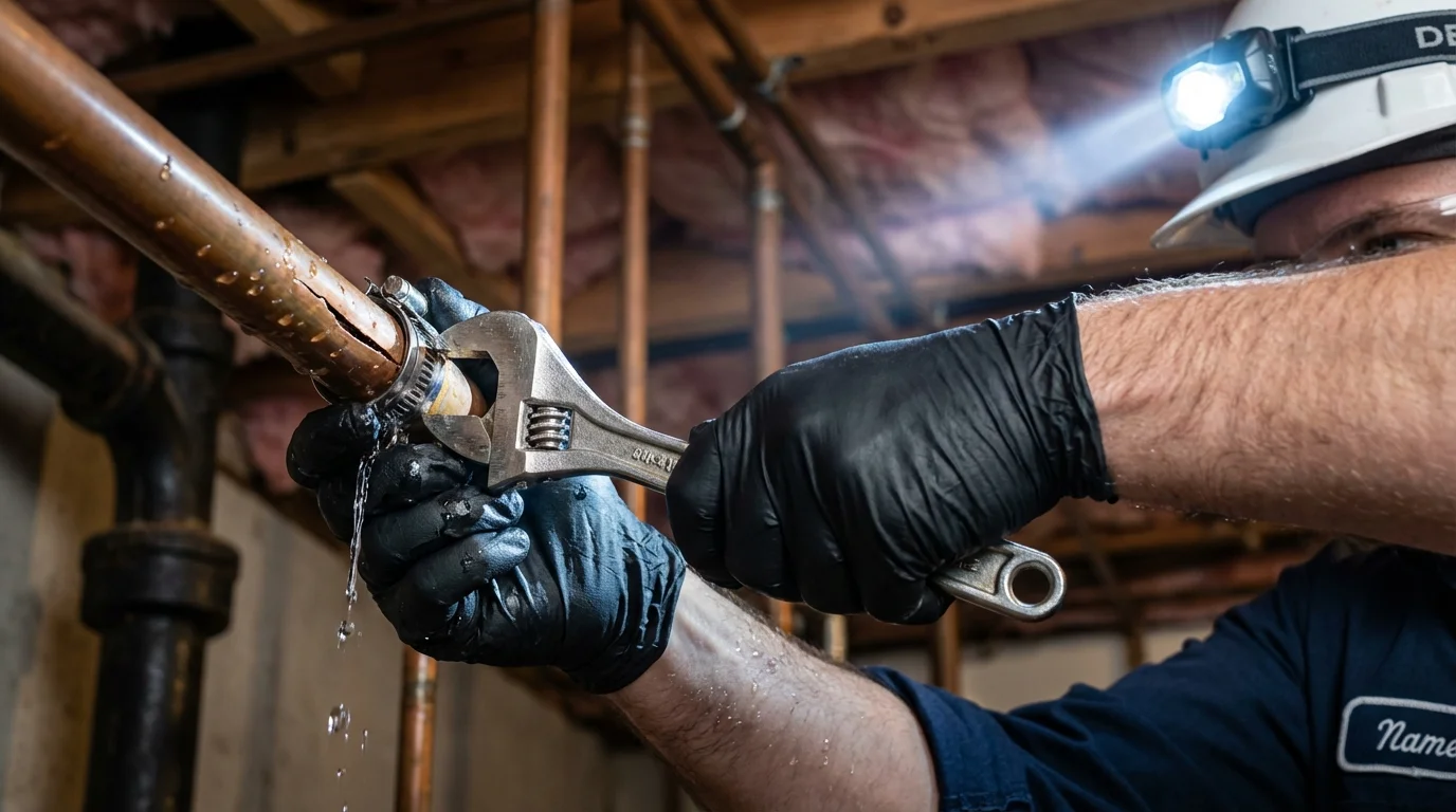 Emergency pipe clamp repair being performed by a Johns Plumbing LLC plumber in Hilliard