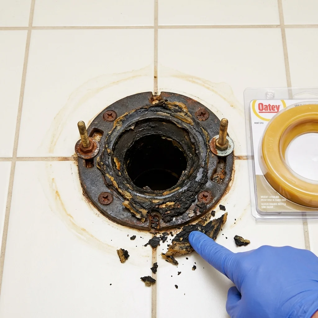Failed wax ring showing water seepage at the base of a toilet in a Hilliard, OH home