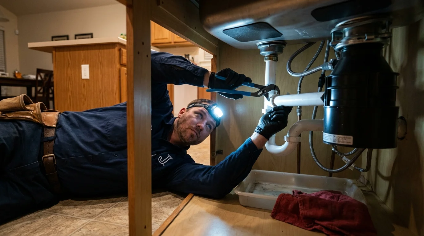P-trap and supply line connections under a kitchen sink showing a common leak point in Hilliard, OH